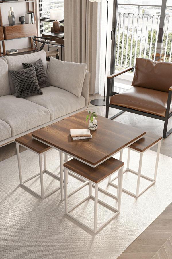 ED Efelez Design Lizbon 4+1 Kare Sehpa Takımı Beyaz Metal - Barok Tabla - Image 1