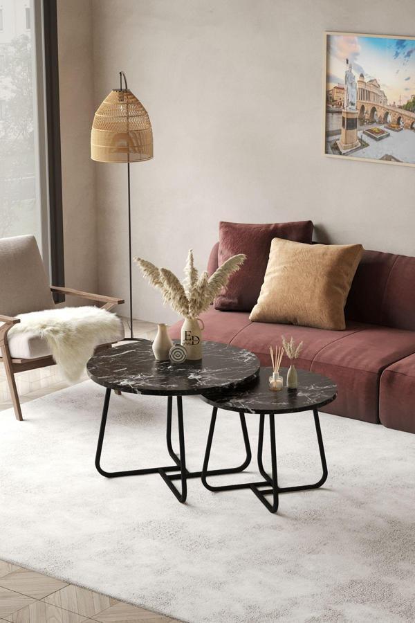 ED Efelez Design Üsküp Orta Sehpa Takımı Siyah Metal - Siyah Mermer Tabla - Image 1