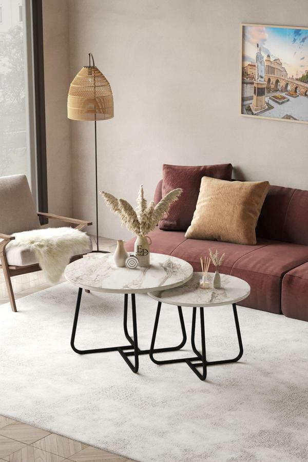 ED Efelez Design Üsküp Orta Sehpa Takımı Siyah Metal - Beyaz Mermer Tabla - Image 1