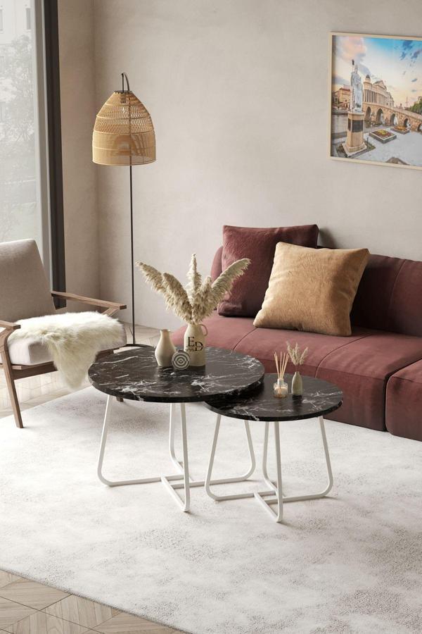 ED Efelez Design Üsküp Orta Sehpa Takımı Beyaz Metal - Siyah Mermer Tabla - Image 1