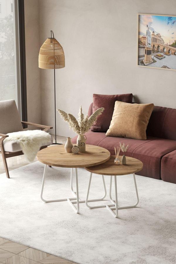 ED Efelez Design Üsküp Orta Sehpa Takımı Beyaz Metal - Atlantik Çam Tabla - Image 1