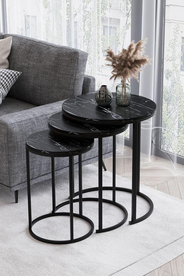 ED Efelez Design Paris 3'lü C Zigon Sehpa Siyah Metal - Siyah Mermer Tabla - Image 1