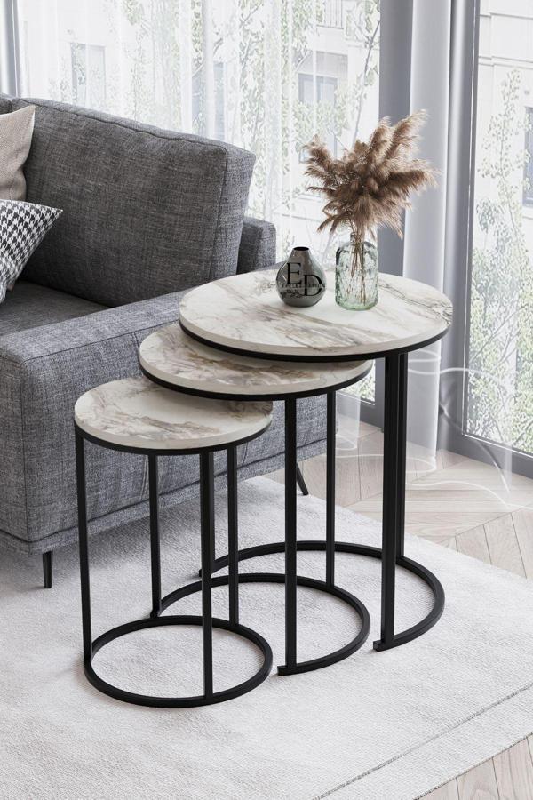 ED Efelez Design Paris 3'lü C Zigon Sehpa Siyah Metal - Beyaz Mermer Tabla - Image 1