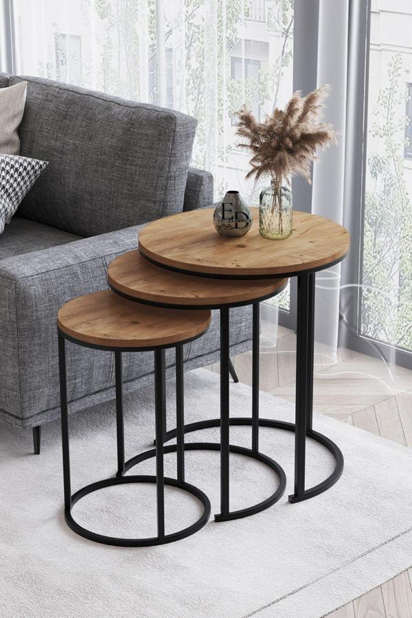 ED Efelez Design Paris 3'lü C Zigon Sehpa Siyah Metal - Atlantik Çam Tabla - Image 1