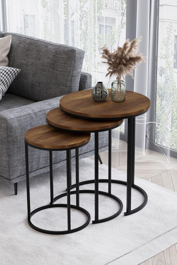 ED Efelez Design Paris 3'lü C Zigon Sehpa Siyah Metal - Barok Tabla - Image 1