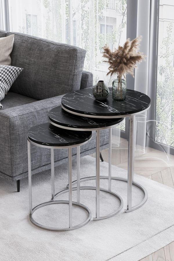 ED Efelez Design Paris 3'lü C Zigon Sehpa Gümüş Metal - Siyah Mermer Tabla - Image 1
