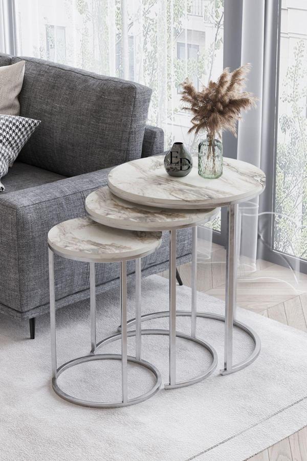 ED Efelez Design Paris 3'lü C Zigon Sehpa Gümüş Metal - Beyaz Mermer Tabla - Image 1