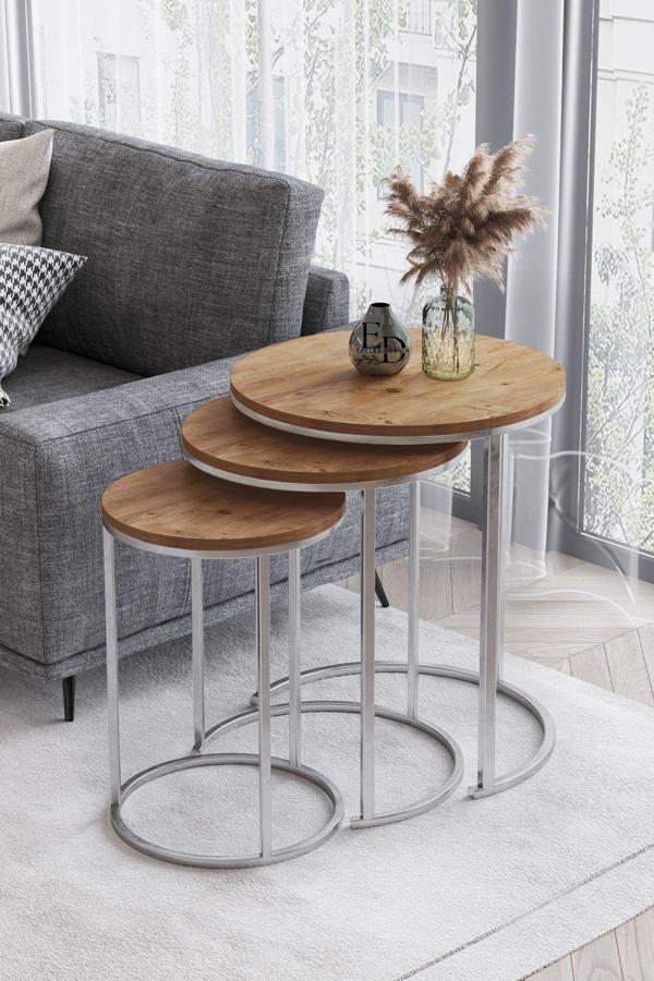ED Efelez Design Paris 3'lü C Zigon Sehpa Gümüş Metal - Atlantik Çam Tabla - Image 1