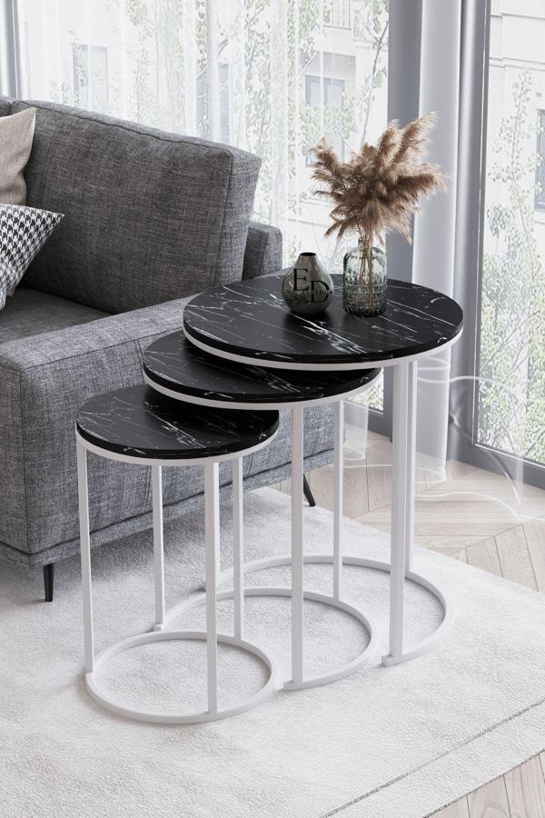 ED Efelez Design Paris 3'lü C Zigon Sehpa Beyaz Metal - Siyah Mermer Tabla - Image 1
