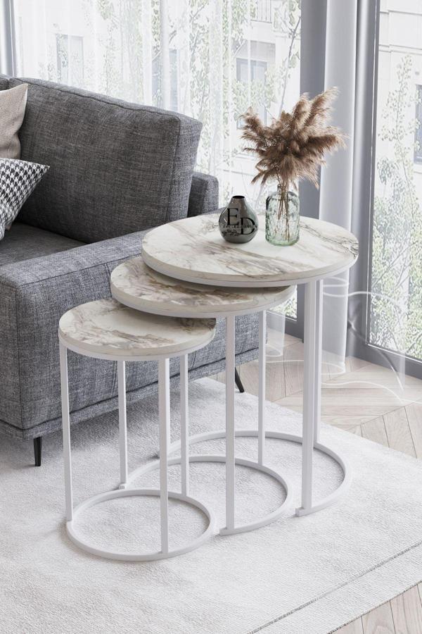 ED Efelez Design Paris 3'lü C Zigon Sehpa Beyaz Metal - Beyaz Mermer Tabla - Image 1