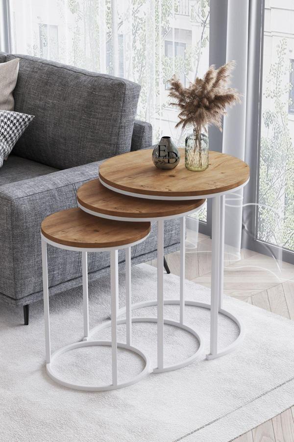 ED Efelez Design Paris 3'lü C Zigon Sehpa Beyaz Metal - Atlantik Çam Tabla - Image 1