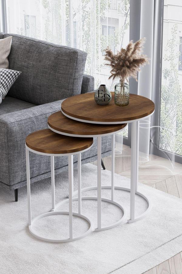 ED Efelez Design Paris 3'lü C Zigon Sehpa Beyaz Metal - Barok Tabla - Image 1