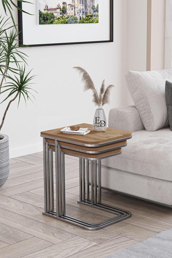 ED Efelez Design Lyon 3'lü C Zigon Sehpa Gümüş Metal - Atlantik Çam Tabla - Image 1