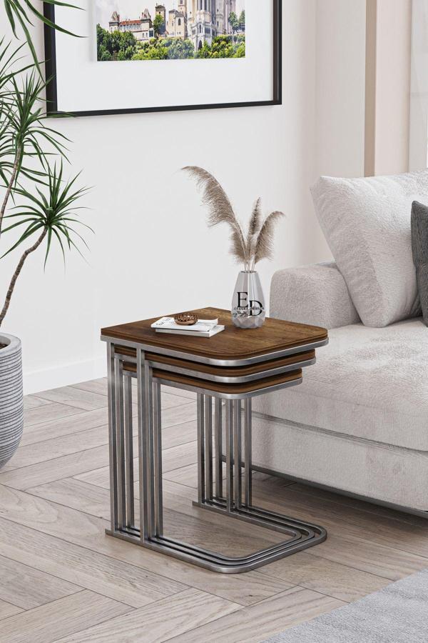 ED Efelez Design Lyon 3'lü C Zigon Sehpa Gümüş Metal - Barok Tabla - Image 1