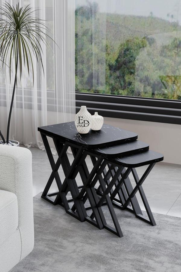 ED Efelez Design Milano 3'lü Zigon Sehpa Takımı Siyah Metal - Siyah Mermer Tabla - Image 1