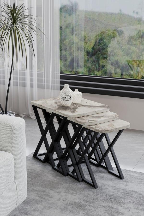ED Efelez Design Milano 3'lü Zigon Sehpa Takımı Siyah Metal - Beyaz Mermer Tabla - Image 1