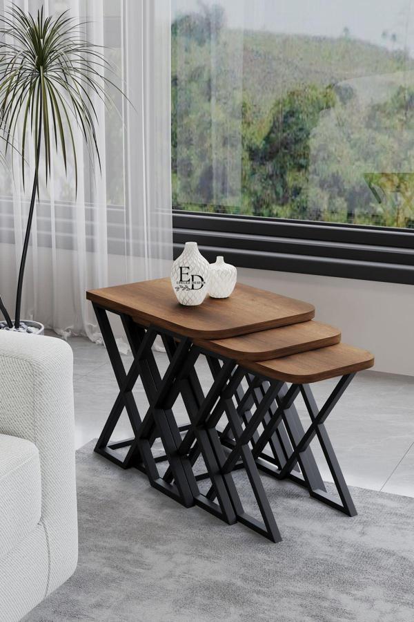 ED Efelez Design Milano 3'lü Zigon Sehpa Takımı Siyah Metal - Barok Tabla - Image 1