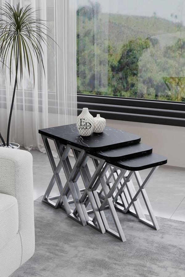 ED Efelez Design Milano 3'lü Zigon Sehpa Takımı Gümüş Metal - Siyah Mermer Tabla - Image 1