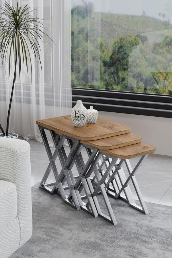 ED Efelez Design Milano 3'lü Zigon Sehpa Takımı Gümüş Metal - Atlantik Çam Tabla - Image 1