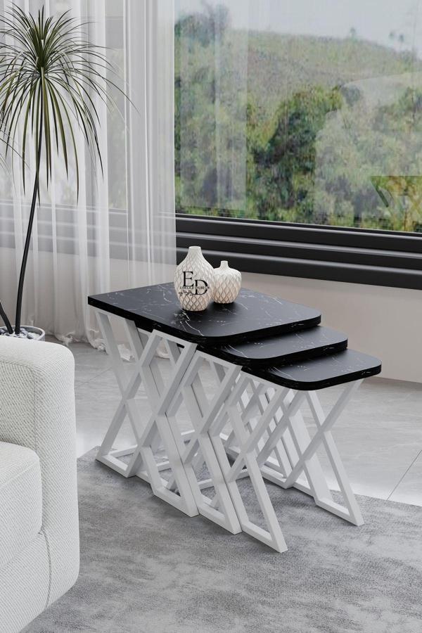 ED Efelez Design Milano 3'lü Zigon Sehpa Takımı Beyaz Metal - Siyah Mermer Tabla - Image 1