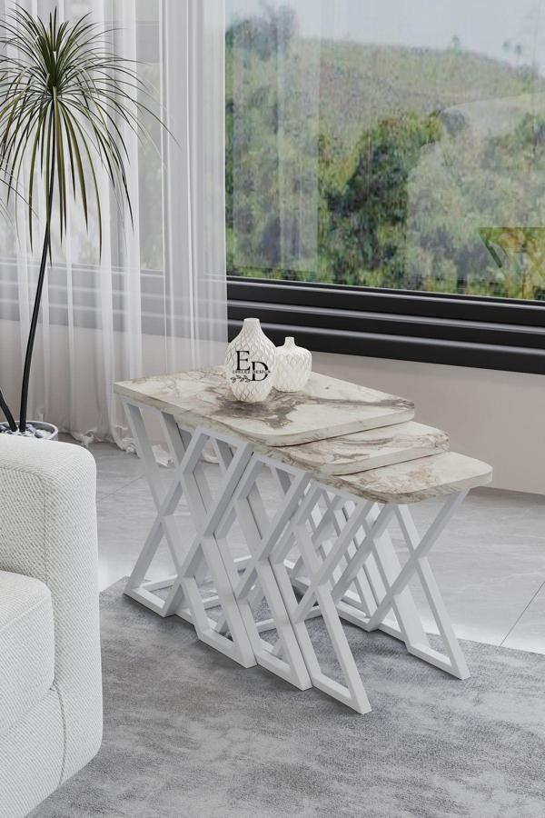 ED Efelez Design Milano 3'lü Zigon Sehpa Takımı Beyaz Metal - Beyaz Mermer Tabla - Image 1
