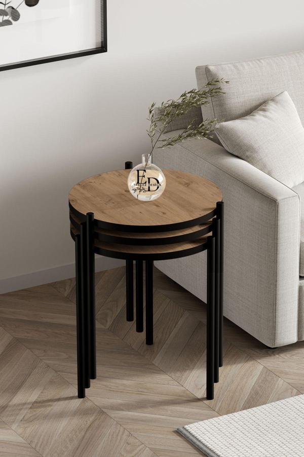 ED Efelez Design Nice 3'lü Zigon Sehpa Takımı Siyah Metal - Atlantik Çam Tabla - Image 1
