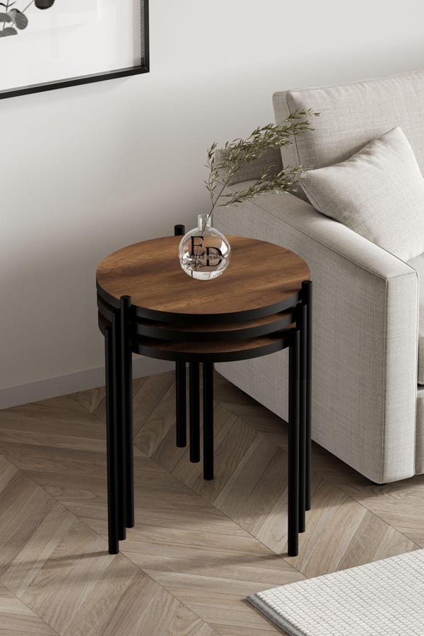 ED Efelez Design Nice 3'lü Zigon Sehpa Takımı Siyah Metal - Barok Tabla - Image 1