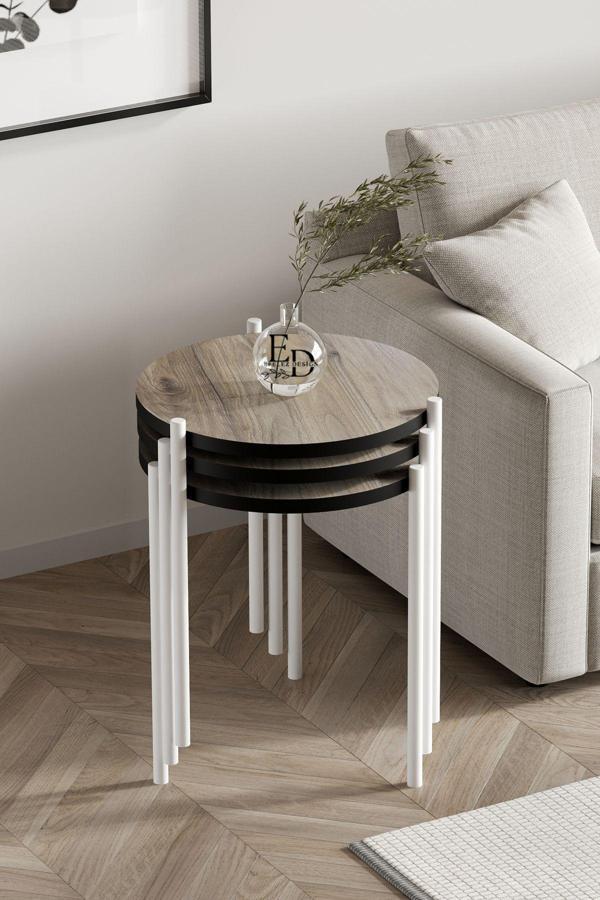 ED Efelez Design Nice 3'lü Zigon Sehpa Takımı Beyaz Metal - Rustik Meşe Tabla - Image 1