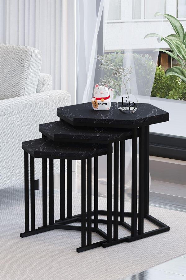 ED Efelez Design Tokyo 3'lü Zigon Sehpa Takımı Siyah Metal - Siyah Mermer Tabla - Image 1
