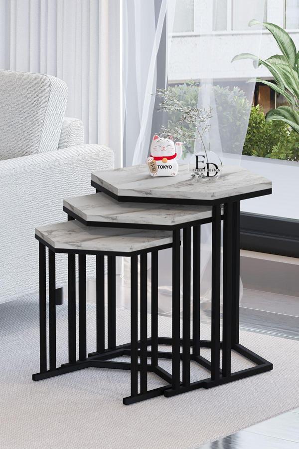 ED Efelez Design Tokyo 3'lü Zigon Sehpa Takımı Siyah Metal - Beyaz Mermer Tabla - Image 1
