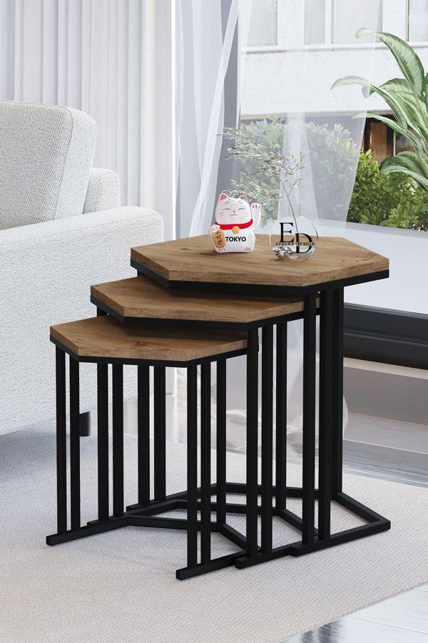 ED Efelez Design Tokyo 3'lü Zigon Sehpa Takımı Siyah Metal - Atlantik Çam Tabla - Image 1