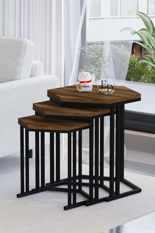 ED Efelez Design Tokyo 3'lü Zigon Sehpa Takımı Siyah Metal - Barok Tabla - Image 1