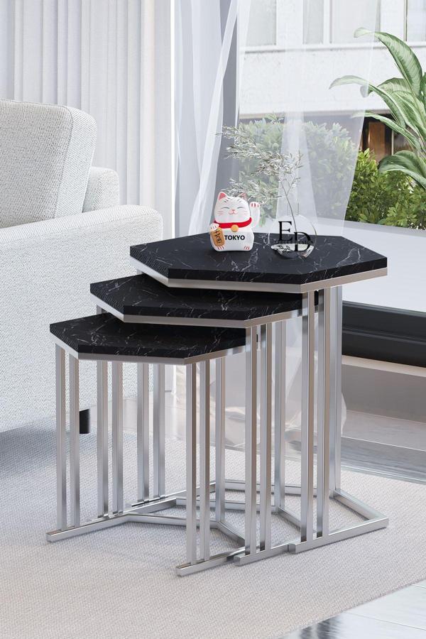 ED Efelez Design Tokyo 3'lü Zigon Sehpa Takımı Gümüş Metal - Siyah Mermer Tabla - Image 1
