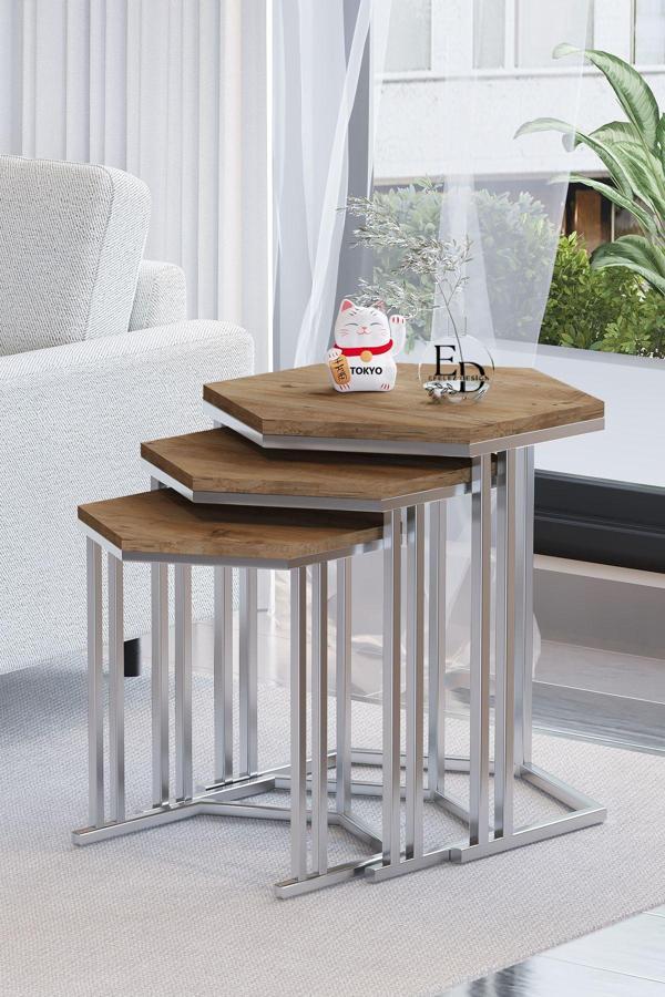 ED Efelez Design Tokyo 3'lü Zigon Sehpa Takımı Gümüş Metal - Atlantik Çam Tabla - Image 1