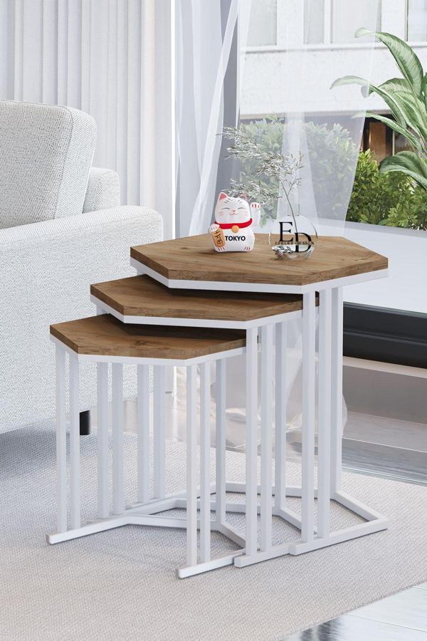 ED Efelez Design Tokyo 3'lü Zigon Sehpa Takımı Beyaz Metal - Atlantik Çam Tabla - Image 1