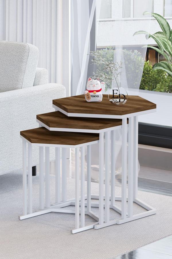 ED Efelez Design Tokyo 3'lü Zigon Sehpa Takımı Beyaz Metal - Barok Tabla - Image 1