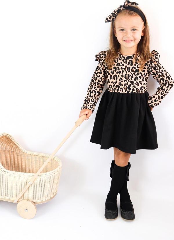 Kız Çocuk  Leopar Desenli Uzun Kollu Fırfırlı Elbise Bandana Takım ELB-0059 - Image 1