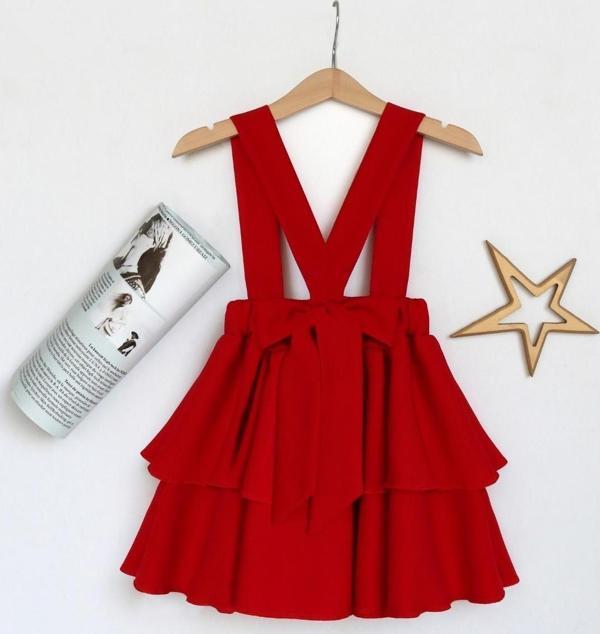 Kız Çocuk Helen Kırmızı Askılı Kat Kat Bağlama Jile Elbise - Image 1