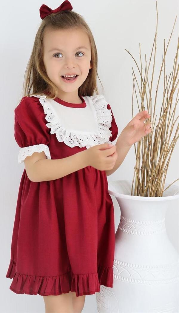 Kız Çocuk Bordo Ruby Fırfırlı Dantel Detaylı Kısa Kollu Elbise Bandana Takım ELB-0070.6 - Image 1