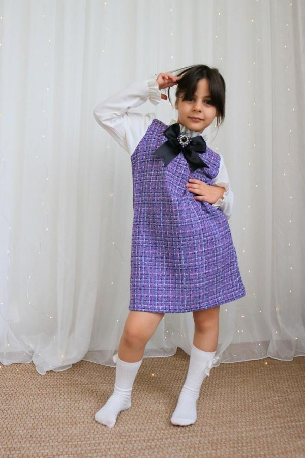 Kız Çocuk Lila Mor Vanessa Broş Detaylı Tüvit Uzun Kollu Yılbaşı Elbisesi - Image 1