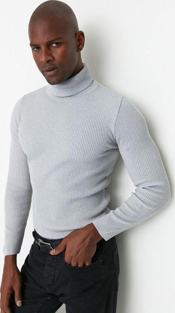 Erkek Slim Fit Dar Kesim Yumuşak Dokulu Tüylenmeyen Gri Tam Balıkçı Yaka Triko Kazak - Image 1