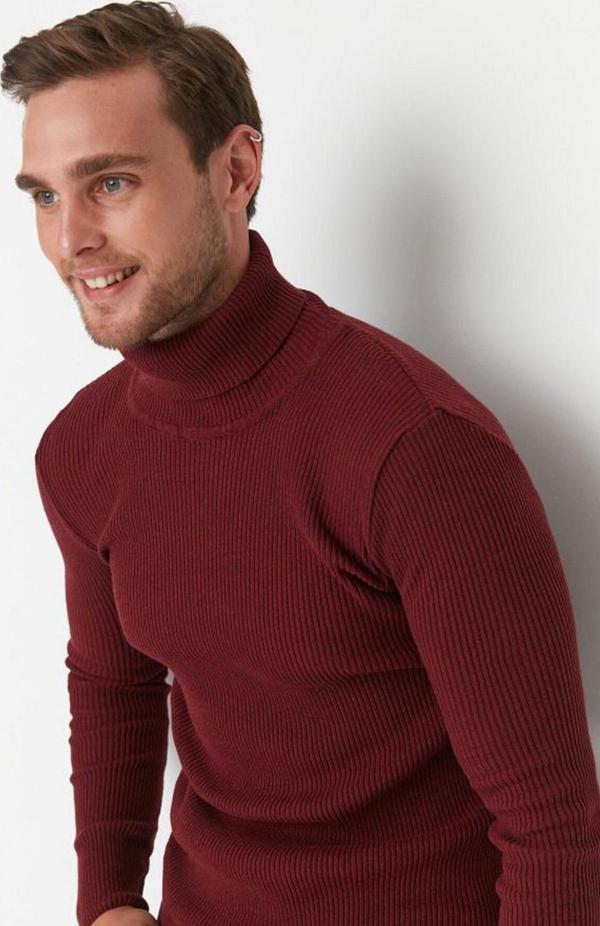 Erkek Slim Fit Dar Kesim Yumuşak Dokulu Tüylenmeyen Bordo Tam Balıkçı Yaka Triko Kazak - Image 1