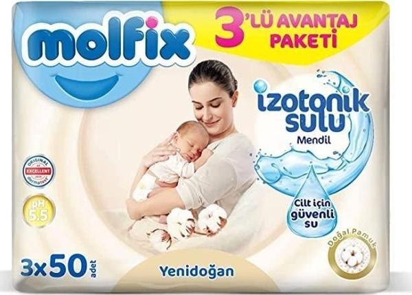 Nessiworld Molfix Yenidoğan İzotonik Sulu Doğal Pamuk Islak Havlu Mendil 3'Lü 150 Yaprak - Image 1