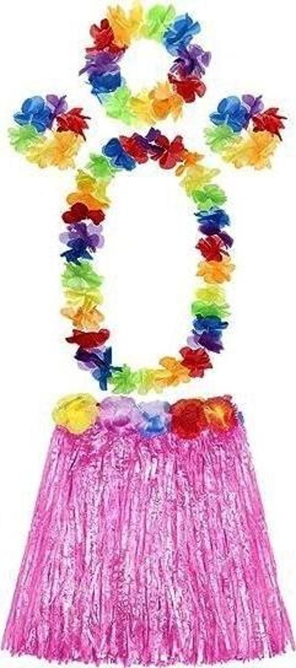 Yetişkin Ve Çocuk Uyumlu Luau Aloha Hawaii Pembe Etek Ve Renkli Kolye Taç 2 Adet Bilekl - Image 1