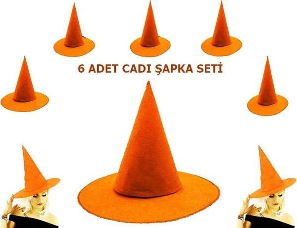 Turuncu Renk Keçe Cadı Şapkası Yetişkin Çocuk Uyumlu 6 Adet - Image 1