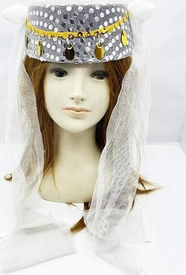 Beyaz Duvaklı Altın Pul İŞlemeli Kına Fesi Kına Şapkası Oryantal Şapkası - Image 1