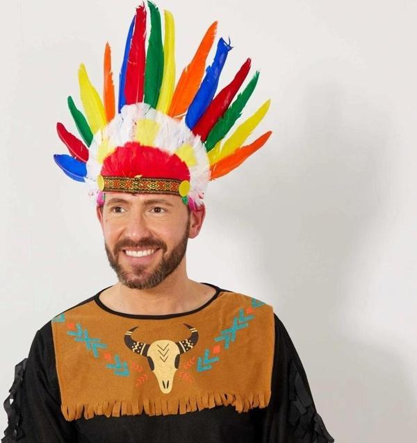 Rengarenk Gerçek Tüylü Lastik Aparatlı Kızılderili Başlığı - Image 1