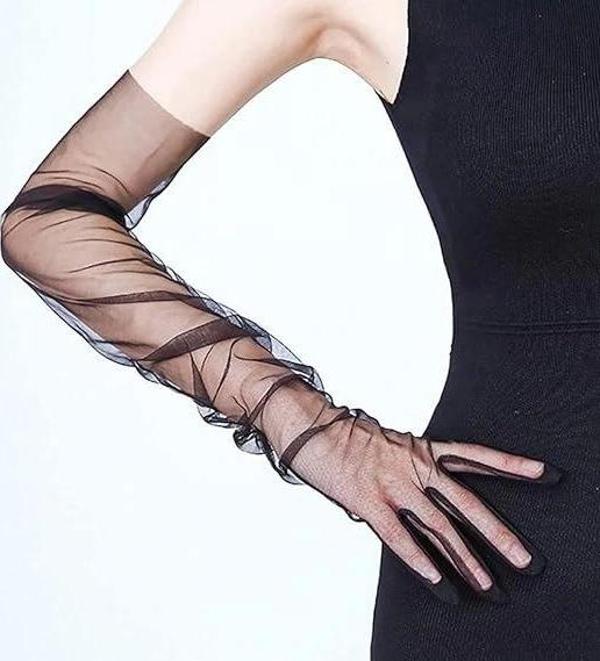 Uzun Boy Likralı Siyah Renk Yetişkin Mega Tül Eldiven 53 Cm - Image 1