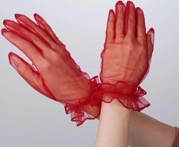 Kısa Boy Likralı Güpürlü Yetişkin Tül Eldiven Kırmızı Renk - Image 1