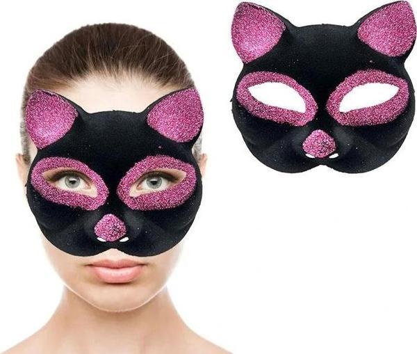 Siyah Renk Pembe Simli Süet Kedi Maskesi 18X14 Cm - Image 1